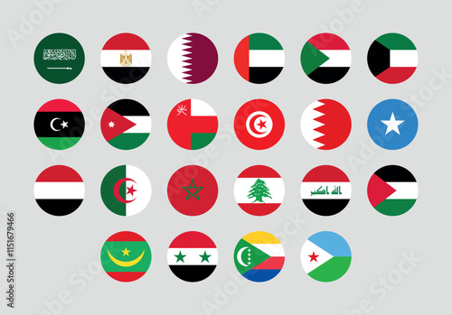 Flag of All Arab League member countries. Arab League countries round flag Bundle.
