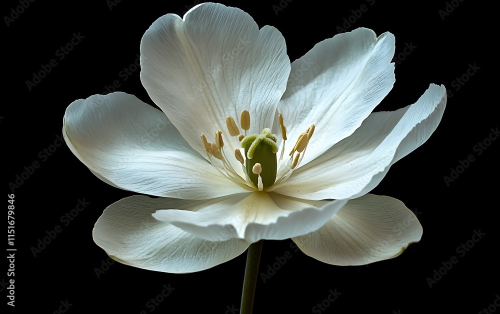 Close-up of a single, delicate white flower with visible stamens and petals against a black background. Close-up of a single, delicate white flower with visible stamens and petals against a black background.