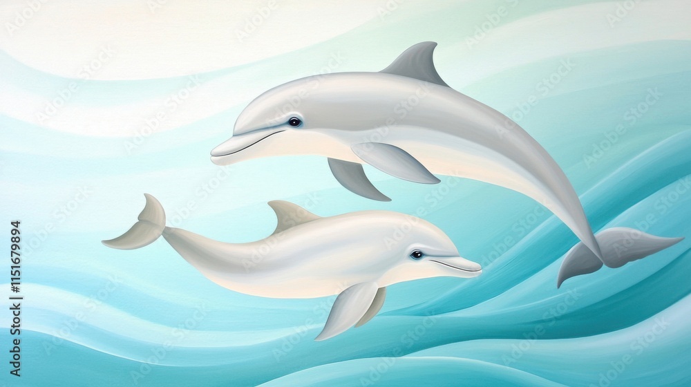 Fototapeta premium A tender scene of a mother dolphin swimming with her calf