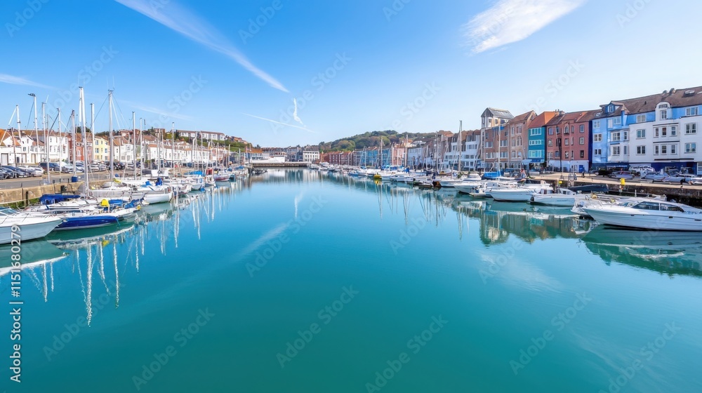 A vibrant marina filled with yachts of various sizes, the reflections creating a picturesque view, with a bright sunny day A vibrant marina filled with yachts of various sizes, the reflections creating a picturesque view, with a bright sunny day
