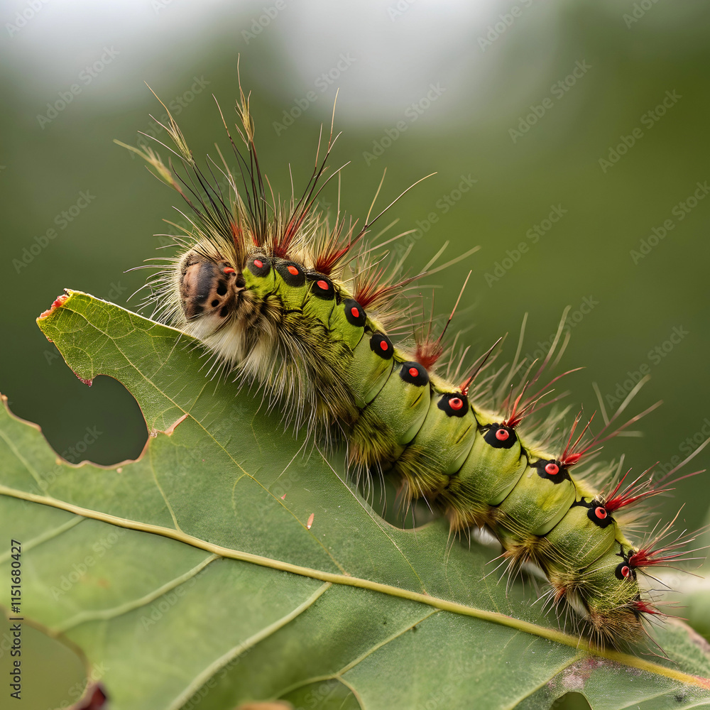 Naklejka premium The Lappet moth caterpillar is a distinctive, brightly colored insect with tufts of hair,