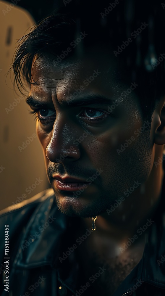 Close-up portrait of a pensive man, sweat dripping from his chin. Dark, moody lighting accentuates his intense gaze. Close-up portrait of a pensive man, sweat dripping from his chin. Dark, moody lighting accentuates his intense gaze.