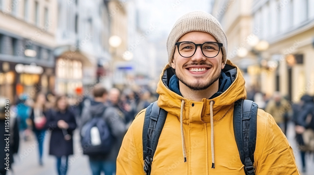 A man wearing a yellow jacket and a white hat is smiling A man wearing a yellow jacket and a white hat is smiling