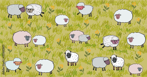 Sheeps, lambs,goats  on farm yard landscape village background vector illustration.