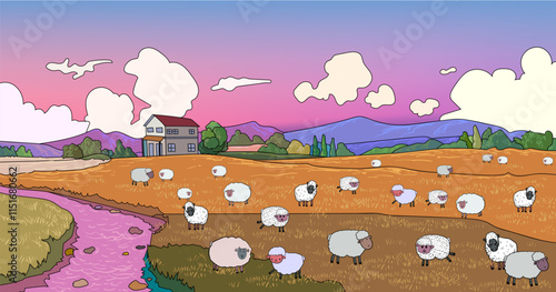 Sheeps, lambs,goats  on farm yard landscape village background vector illustration.