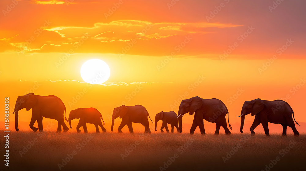 Fototapeta premium Majestic Elephants at Sunset in African Savanna
