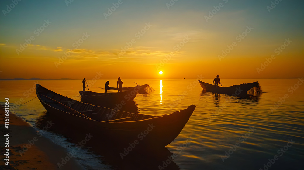 Majestic Sunset: Fishermen in Silhouette on Golden Sea Majestic Sunset: Fishermen in Silhouette on Golden Sea