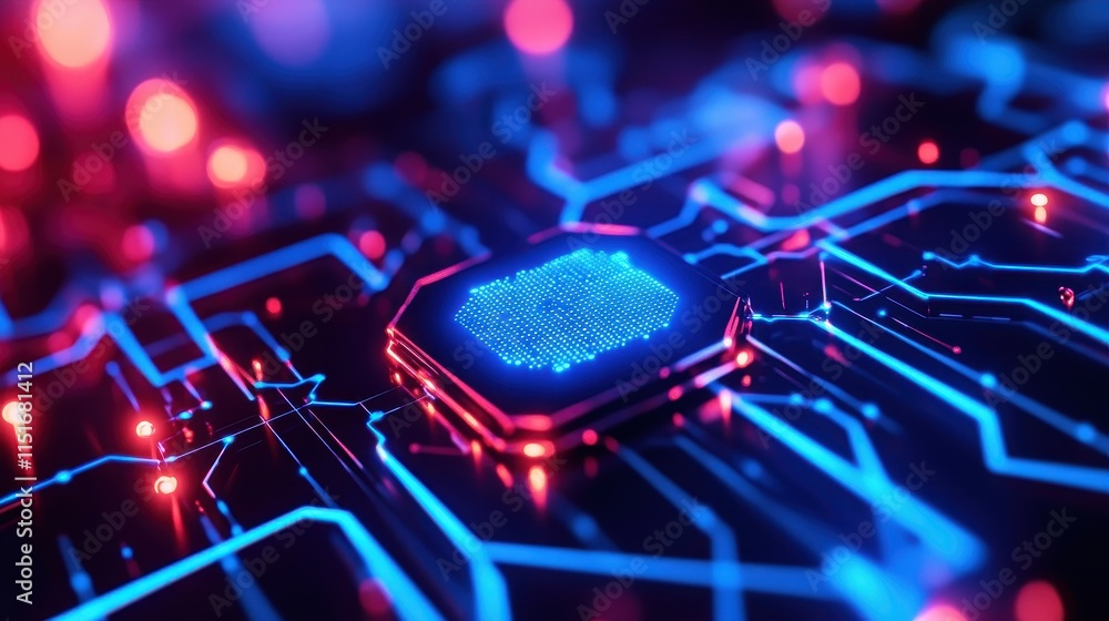 Fototapeta premium Vibrant Circuit Board with Neon Lights and Microchip Detail