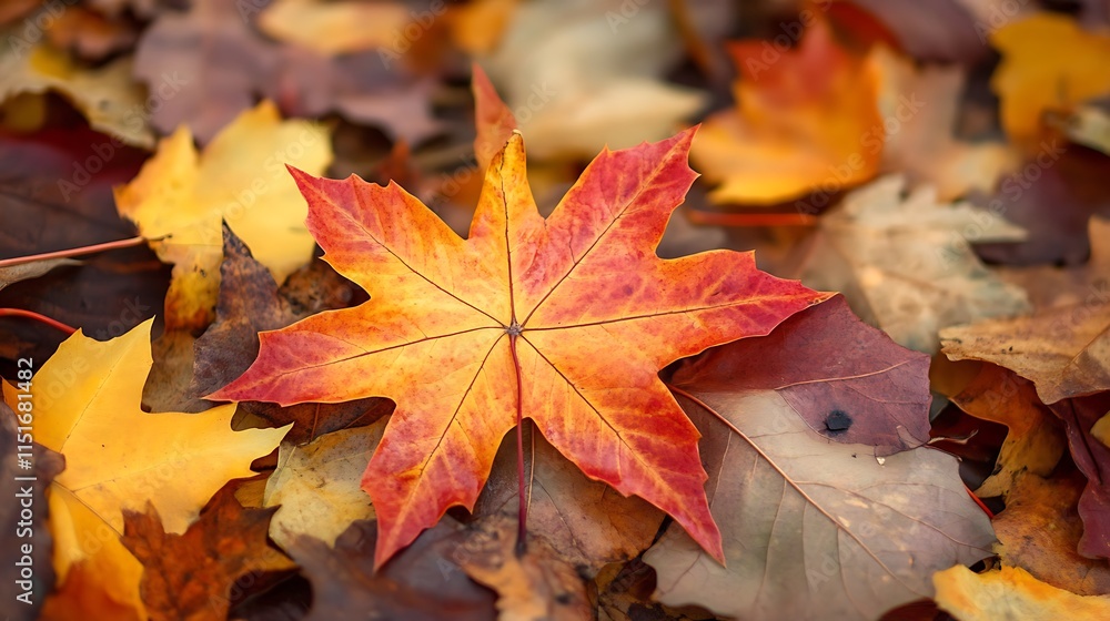 A Vibrant Red Maple Leaf Among a Pile of Autumn Leaves A Vibrant Red Maple Leaf Among a Pile of Autumn Leaves