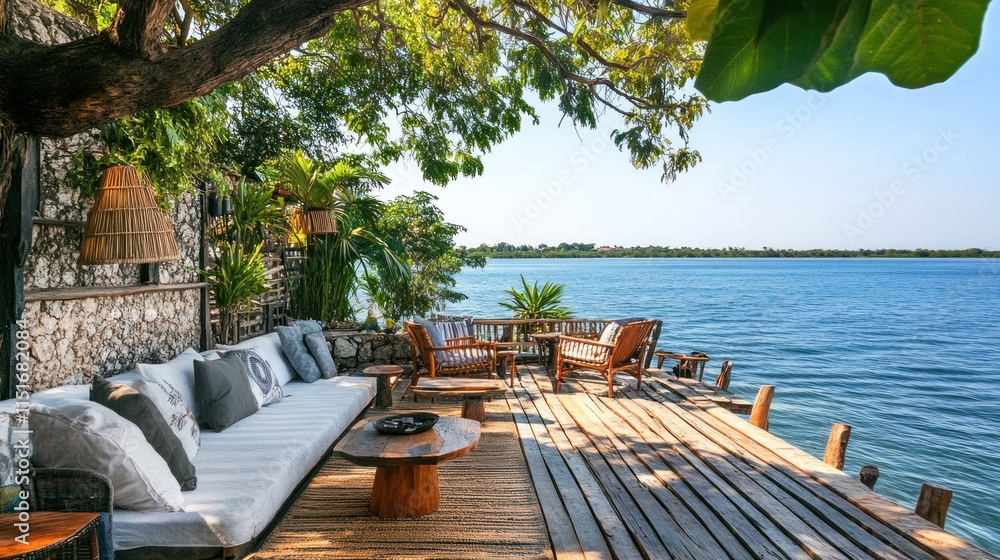 Obraz premium Serene Lakeside Getaway: Tropical Deck Paradise