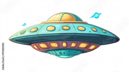 Colorful Cartoon UFO in Flat Design Isolated on White Background photo