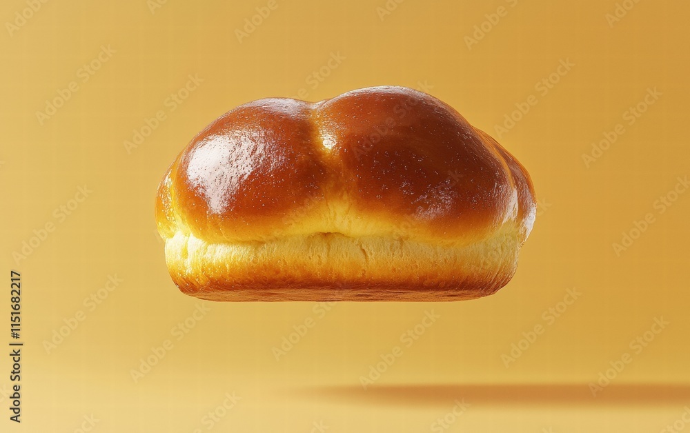 A soft brioche bread floating mid-air with a glossy golden surface, on a warm yellow background A soft brioche bread floating mid-air with a glossy golden surface, on a warm yellow background