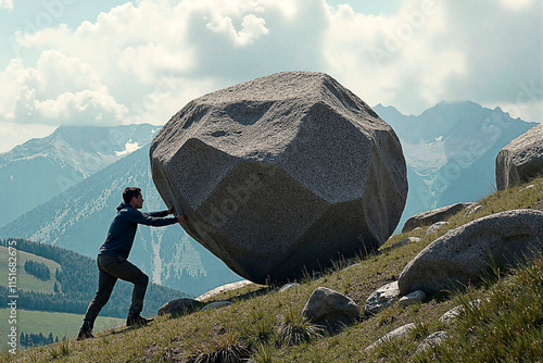 Man pushing a large boulder uphill representing overcoming business difficulties and problem-solving