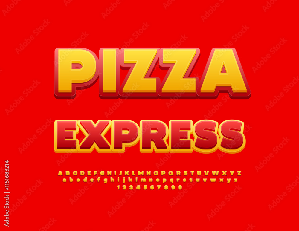 Fototapeta premium Vector advertising concept Pizza Express. Yellow and Red Creative Font. Uppercase Alphabet Letters and Numbers set
