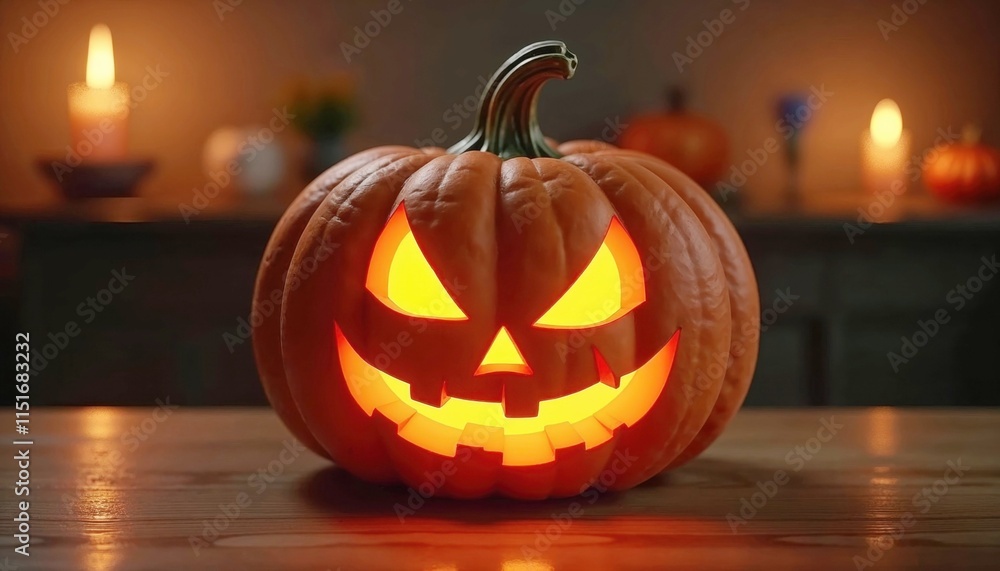 jack-o'-lantern with a mischievous grin sits on a wooden table in a cozy, dimly lit room, evoking the festive spirit and mystery of Halloween jack-o'-lantern with a mischievous grin sits on a wooden table in a cozy, dimly lit room, evoking the festive spirit and mystery of Halloween
