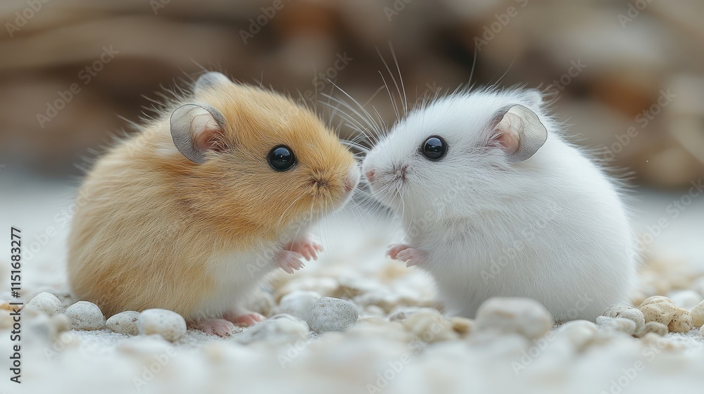 Two adorable hamsters facing each other, close-up. Two adorable hamsters facing each other, close-up.