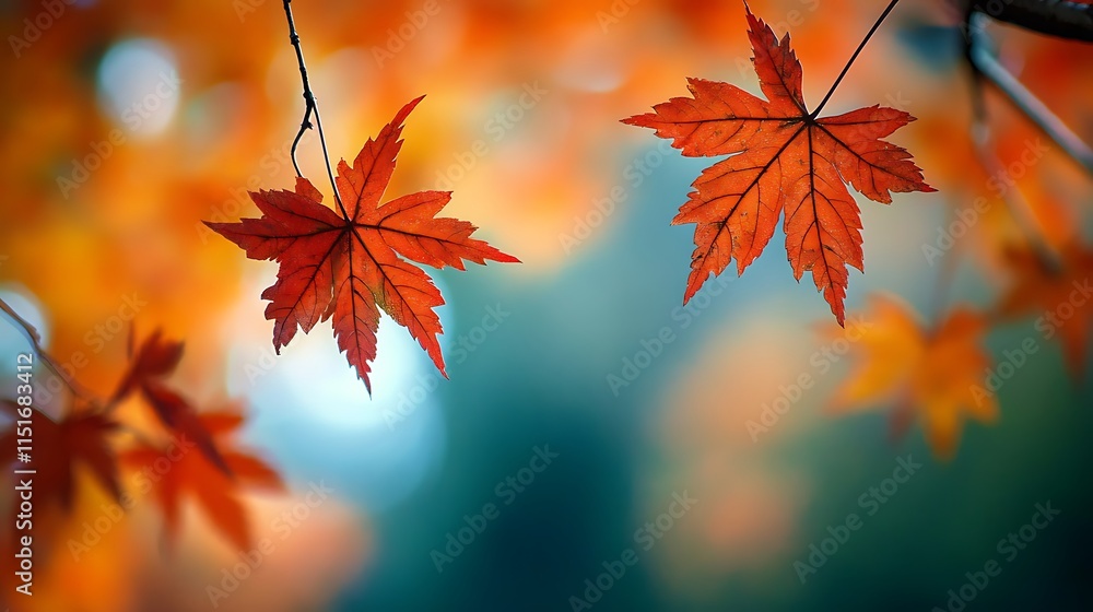 Two Vibrant Red Maple Leaves Against a Blurred Autumn Background Two Vibrant Red Maple Leaves Against a Blurred Autumn Background