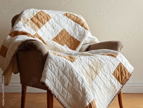 Cozy armchair with a warm, quilted blanket in neutral tones draped casually against a beige wall photo