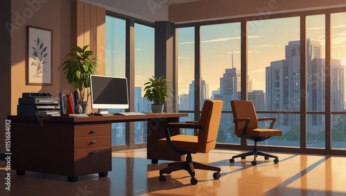 Boss desk near window cartoon room interior background. Work table in office with computer monitor, chair and modern furniture in bank
