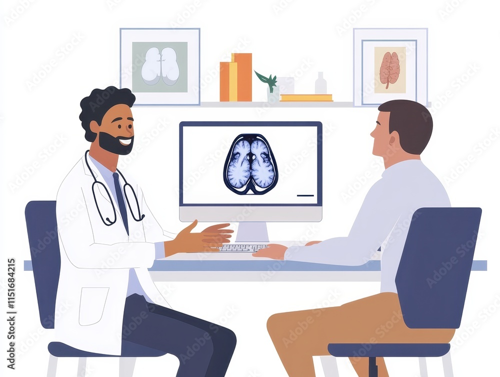 Doctor Discussing MRI Brain Scan Results with Patient in a Bright Clinic