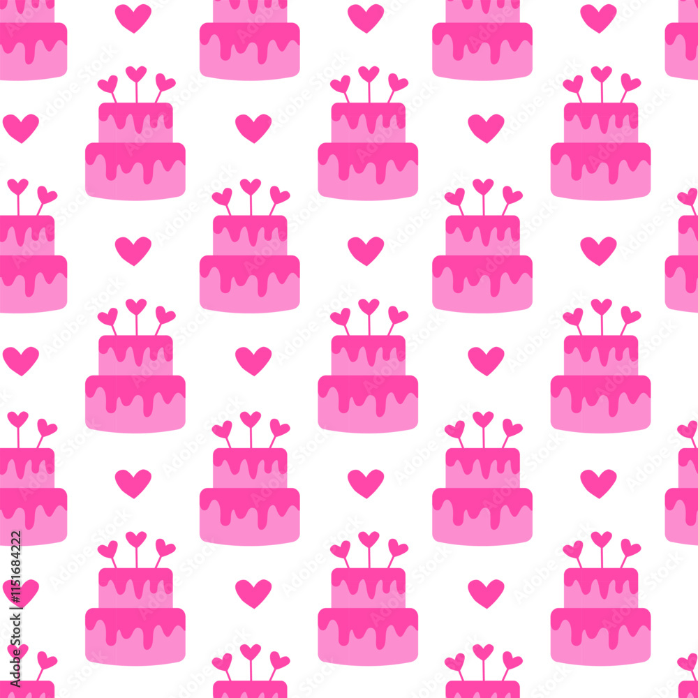 Seamless pattern with Pink Valentine Day Cake and heart. Vector flat illustration. Seamless pattern with Pink Valentine Day Cake and heart. Vector flat illustration.