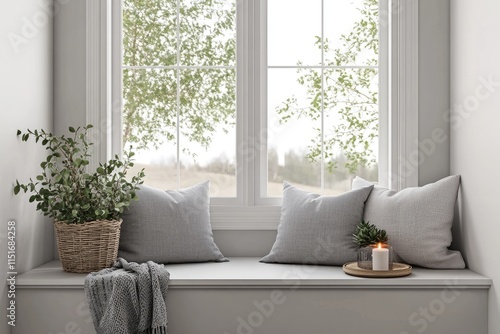 Wallpaper Mural A bathroom with white walls, a basket of autumn-colored towels and candles on the window sill Torontodigital.ca