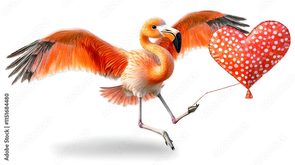 Obraz premium Adorable Watercolor Flamingo with Heart Balloon in Playful Style