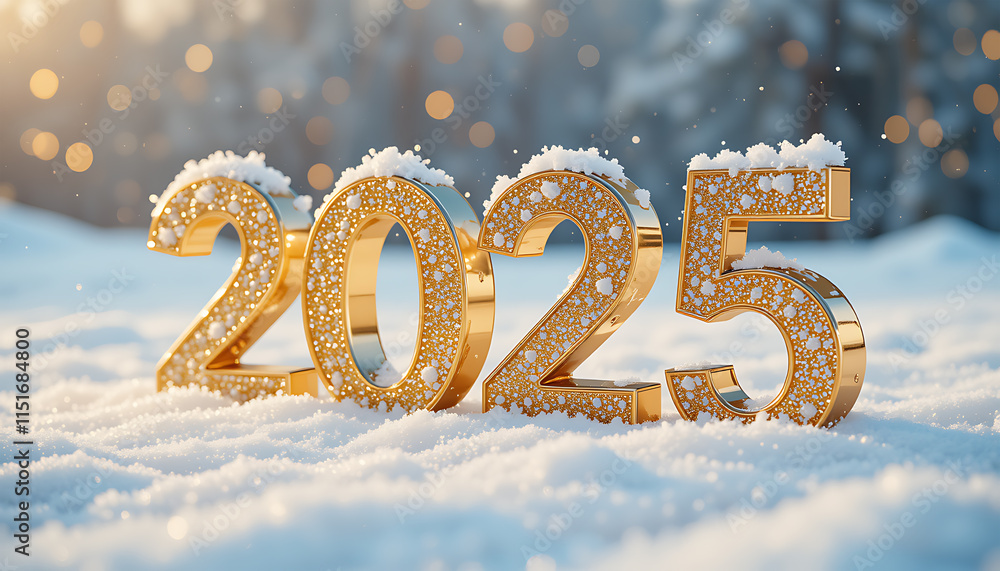 Golden 2025 New Year Snowy Scene Sparkling Background Golden 2025 New Year Snowy Scene Sparkling Background