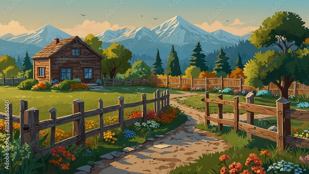cartoon illustration of Colorful home backyard with wooden fence, green bushes with flowers and fruit trees. Stone path leads through garden