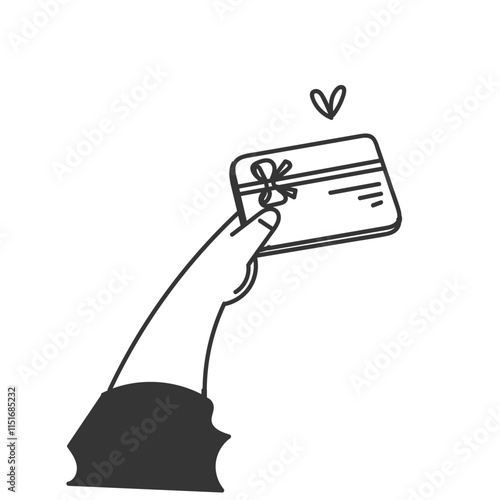 hand holding gift card doodle style cartoon