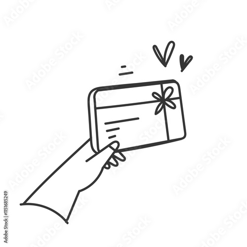 hand holding gift card doodle style cartoon