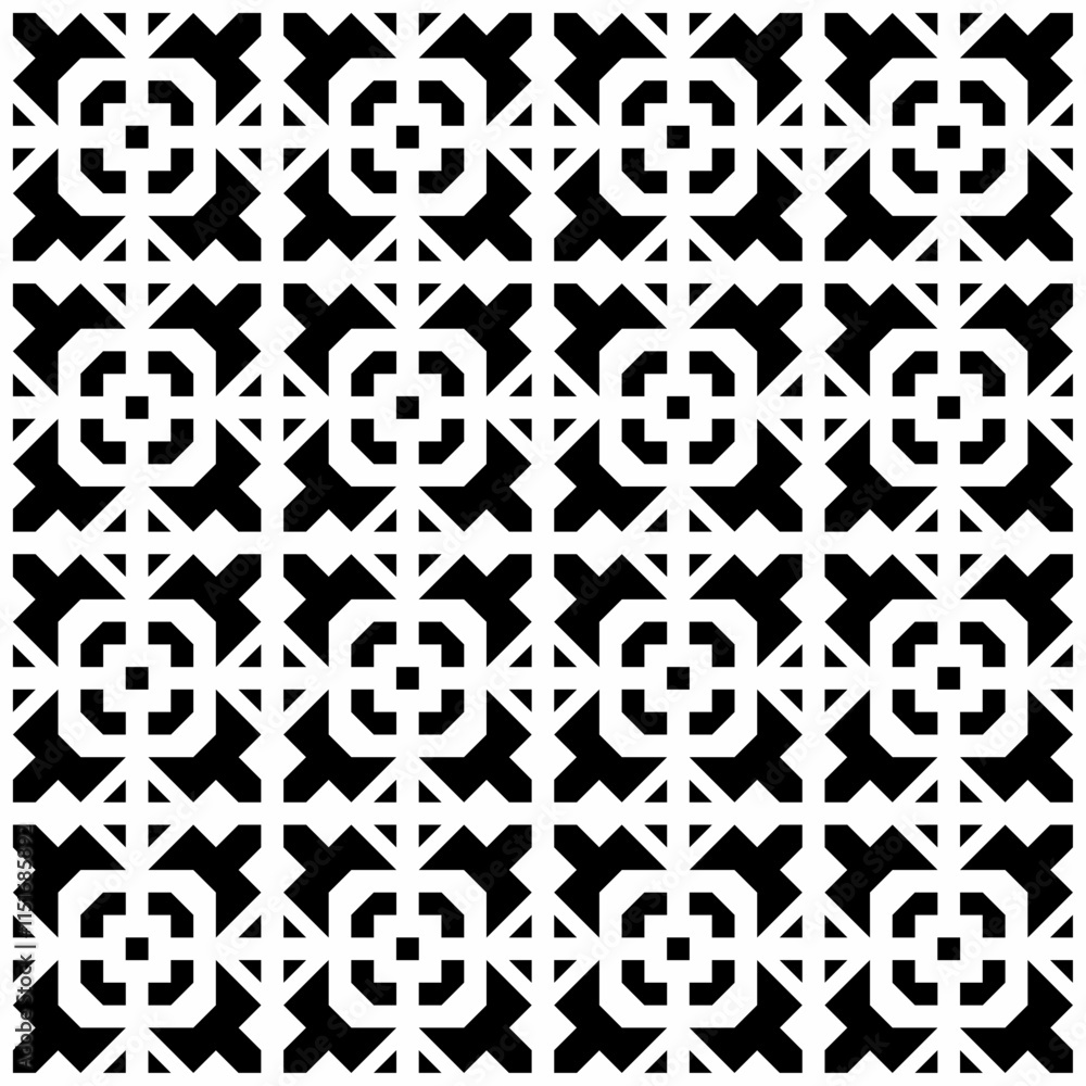 Seamless abstract geometric pattern in black and white, consisting of repeating symmetrical shapes. Suitable for backgrounds, wallpapers, textile designs, prints, decorative projects, etc. Seamless abstract geometric pattern in black and white, consisting of repeating symmetrical shapes. Suitable for backgrounds, wallpapers, textile designs, prints, decorative projects, etc.