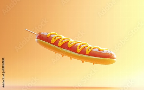 A vibrant corn dog floating mid-air with mustard drizzle, on a pastel orange background photo