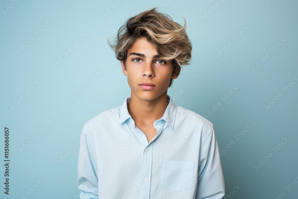 A young man with blonde hair and blue shirt is looking at the camera A young man with blonde hair and blue shirt is looking at the camera