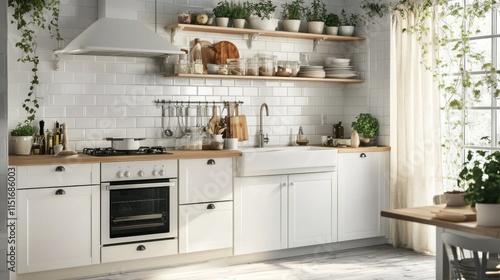 Bright modern kitchen with white cabinets, wooden countertops, and farmhouse sink.