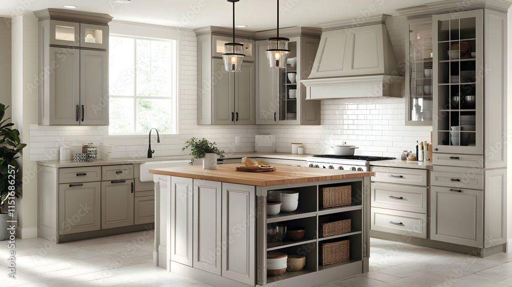 Fototapeta premium Modern Kitchen Design: Grey Cabinets, White Subway Tiles, and a Stunning Island