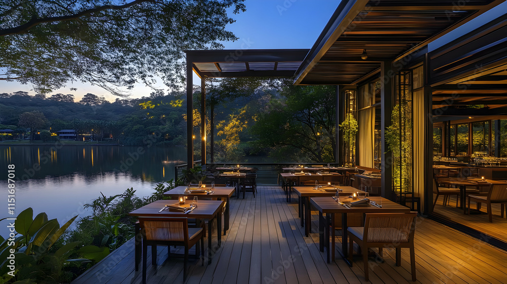 Fototapeta premium Lakefront Restaurant: Exquisite Dining with Scenic Views
