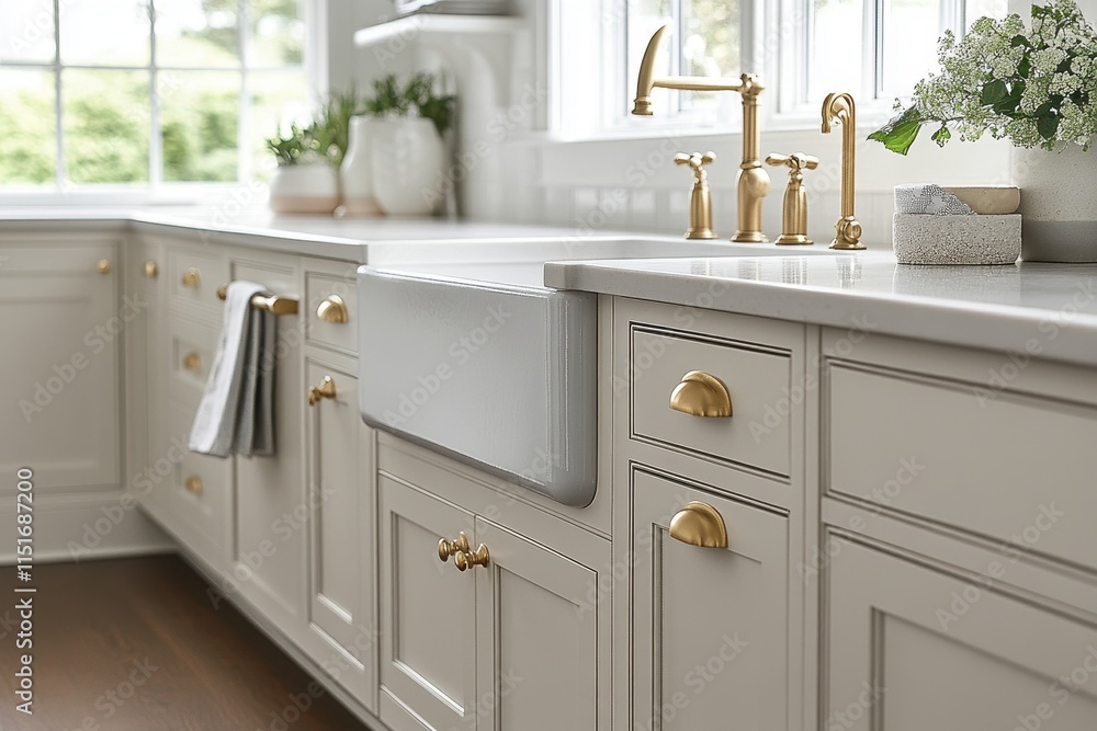 Fototapeta premium Elegant kitchen with farmhouse sink and gold hardware. Showcase classic kitchen design and high-end fixtures.
