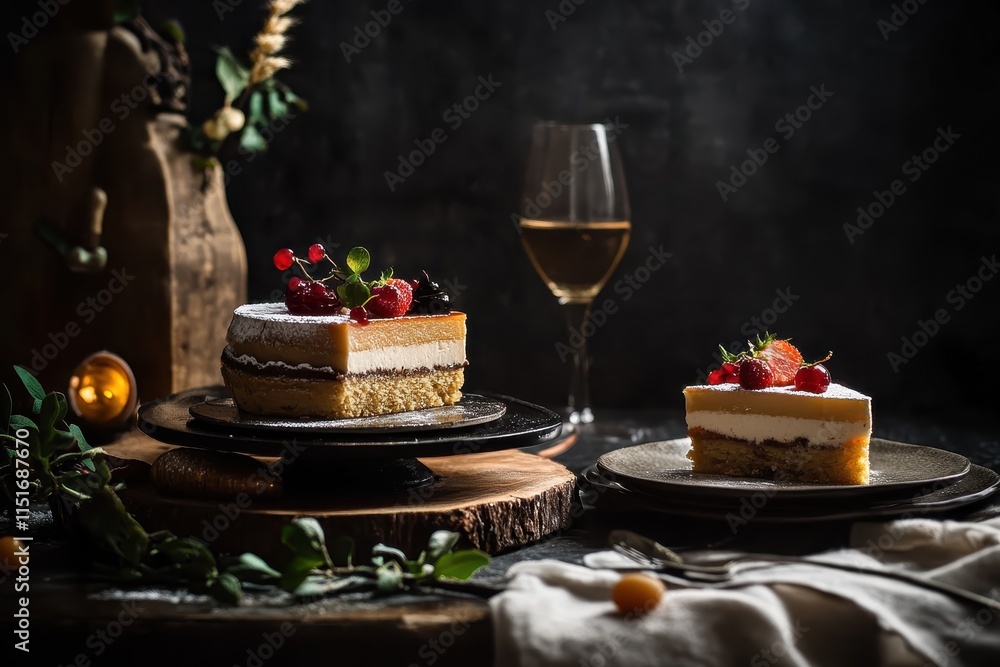 Naklejka premium Gourmet Layered Dessert with Berries in Elegant Dark Photography Setting
