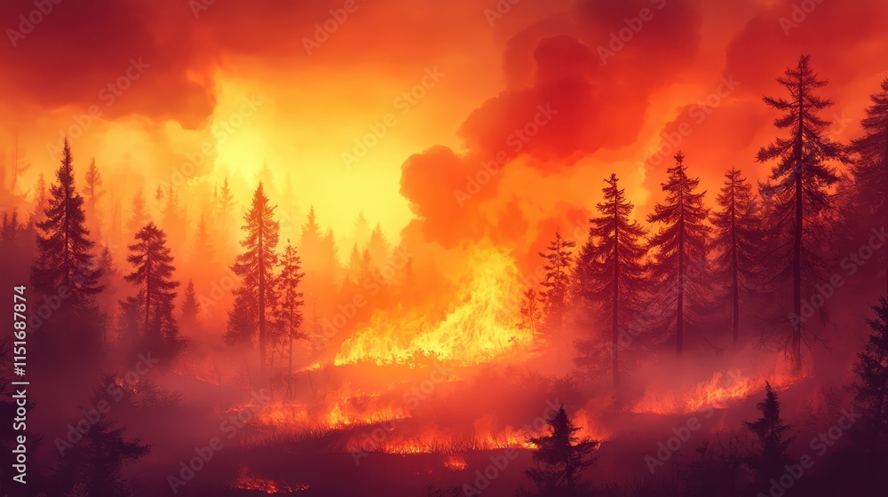 Fototapeta premium Dramatic forest fire with towering flames and dense smoke under a vibrant orange sky