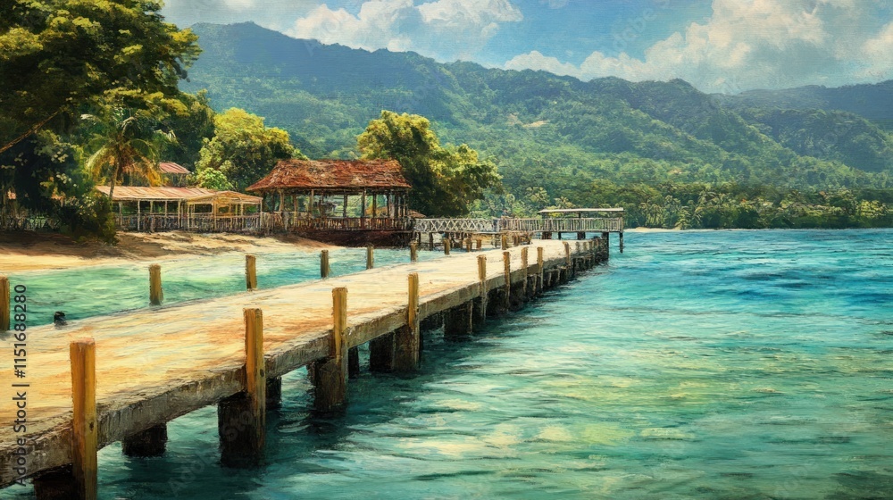 Serene Tropical Paradise: Wooden Pier Extending to Turquoise Waters Serene Tropical Paradise: Wooden Pier Extending to Turquoise Waters