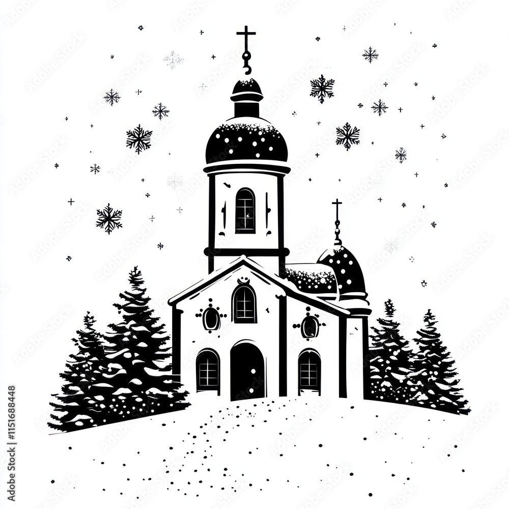 Fototapeta premium Snowy church winter scene, black and white illustration.