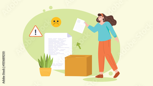 A digital illustration depicting a customer submitting a complaint through an online platform, featuring a user interface with a form, submit button, and feedback icons.