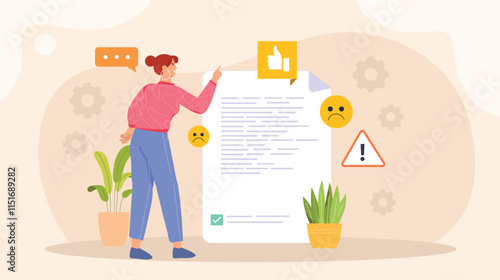 An illustration of user feedback and complaint management, showing a customer submitting feedback through a form or chat, with a support team reviewing and addressing the concerns, featuring a clear.
