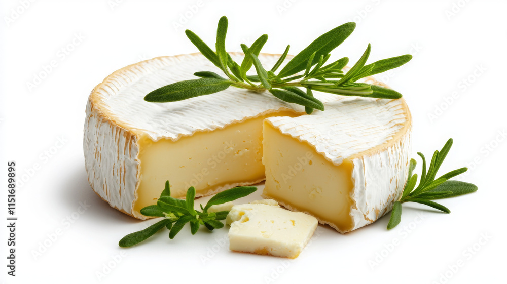 Creamy cheese with fresh herbs on white background, perfect for culinary delights Creamy cheese with fresh herbs on white background, perfect for culinary delights