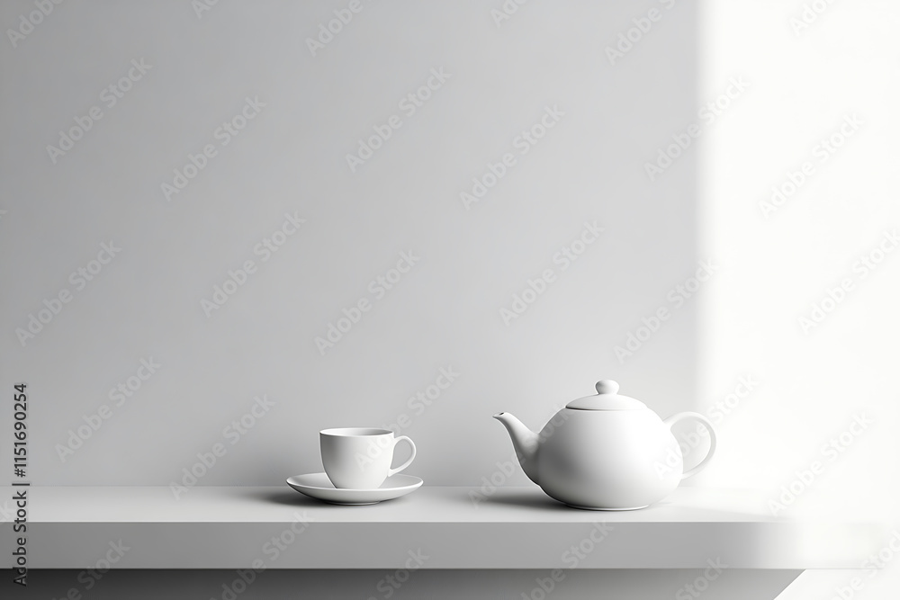 White teapot and cup on a shelf White teapot and cup on a shelf