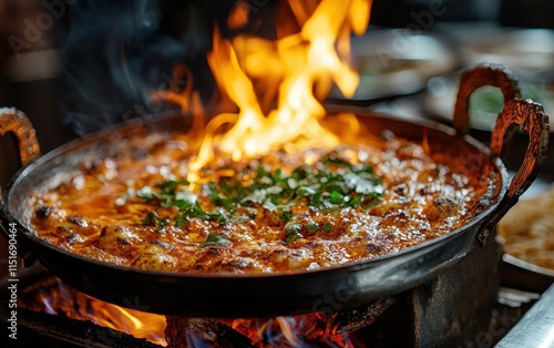 Close-up of a metal mangal with burning wood and bright flames photo