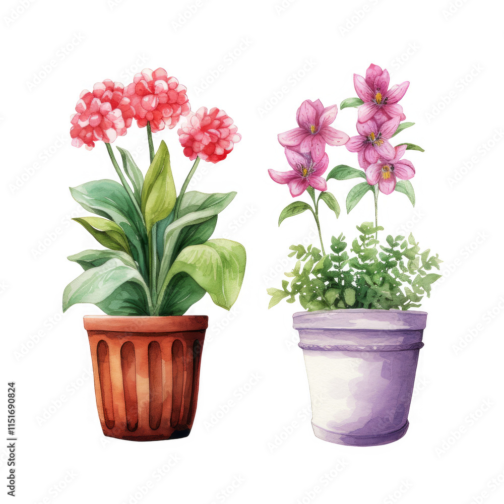 Two Watercolor Paintings Of Potted Flowers In Terracotta And Purple Pots Two Watercolor Paintings Of Potted Flowers In Terracotta And Purple Pots