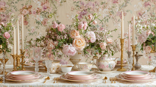 A wedding tablescape with soft pink and gold dinnerware, ornate candleholders, and a pastel floral centerpiece photo