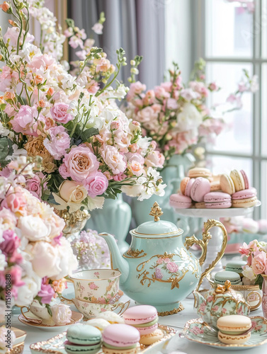 An elegant tea party with a modern twist: ornate teapots, pastel macarons photo